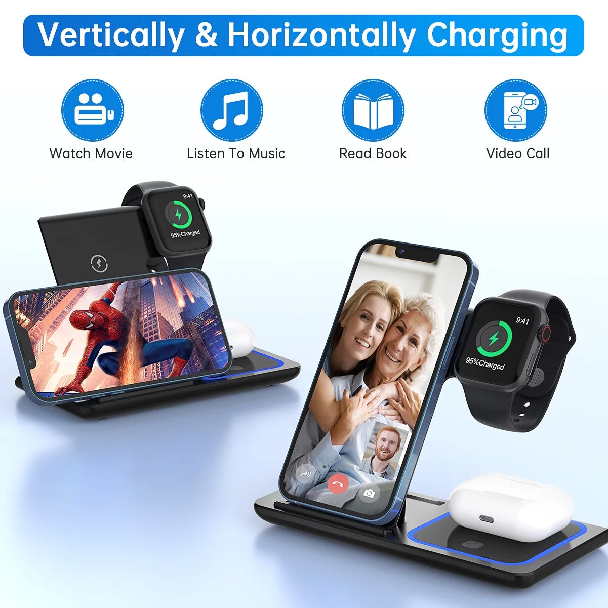 18W Fast Wireless Charging Station for iPhone 16/15/14/13/12/11/Pro Max/Plus, 3-in-1 Stand for Apple Watch Series SE 10/9/8/7/6/5/4/3 and AirPods Pro/3/2 with QC3.0 Adapter