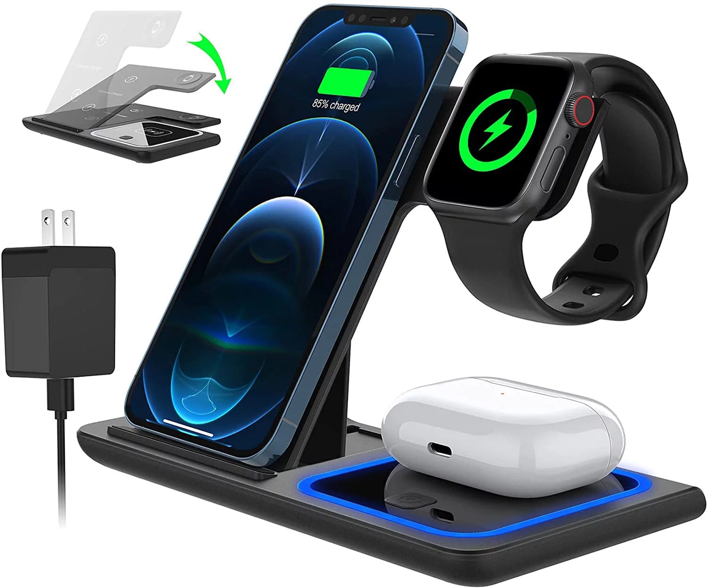 18W Fast Wireless Charging Station for iPhone 16/15/14/13/12/11/Pro Max/Plus, 3-in-1 Stand for Apple Watch Series SE 10/9/8/7/6/5/4/3 and AirPods Pro/3/2 with QC3.0 Adapter